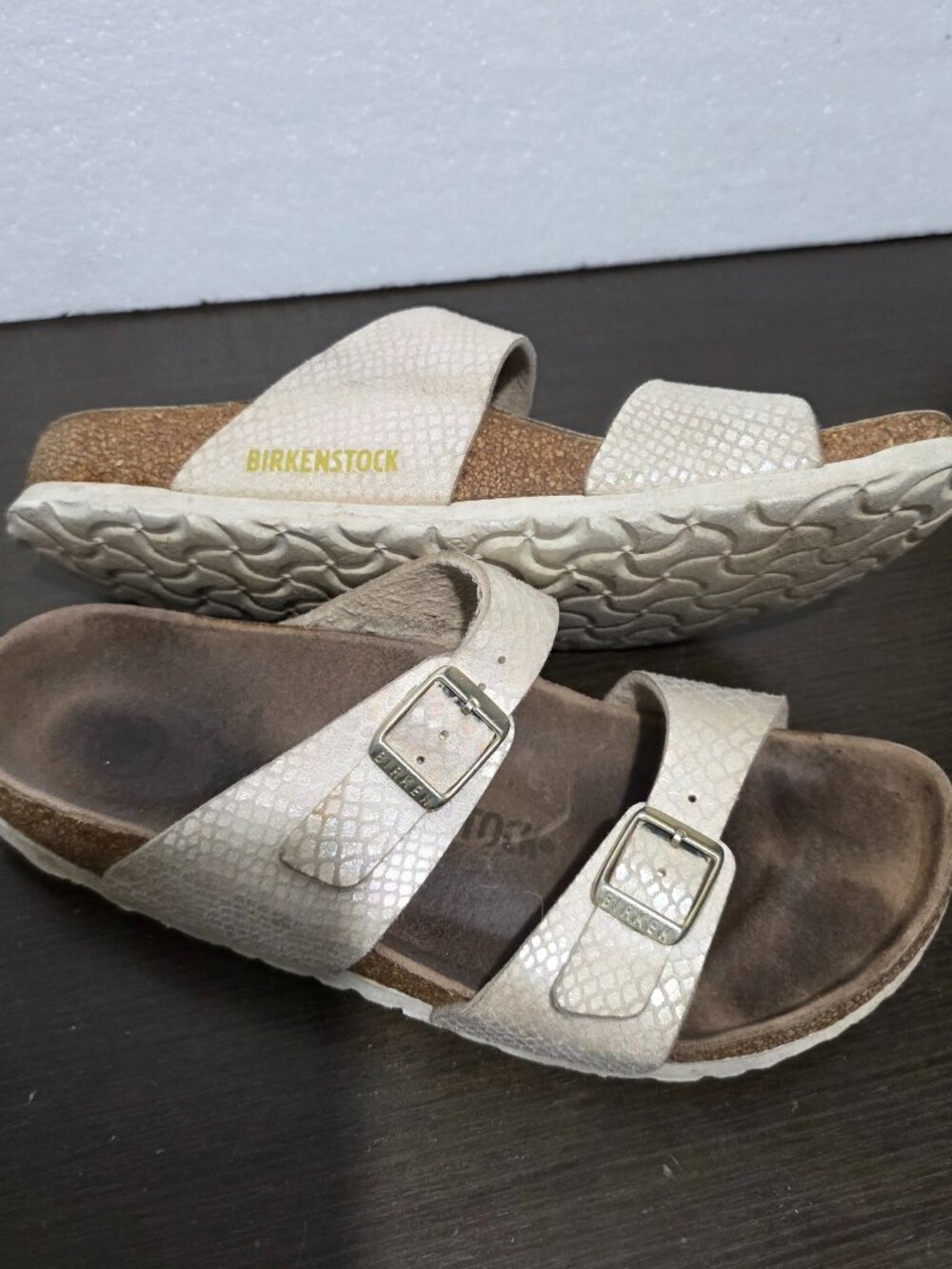 Birkenstock Arizona Birko Off White Leather Snake Pattern Sandals 39